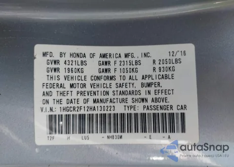 2017 Honda Accord Sport Se z USA, uszkodzony, nr VIN 1HGCR2F12HA130223